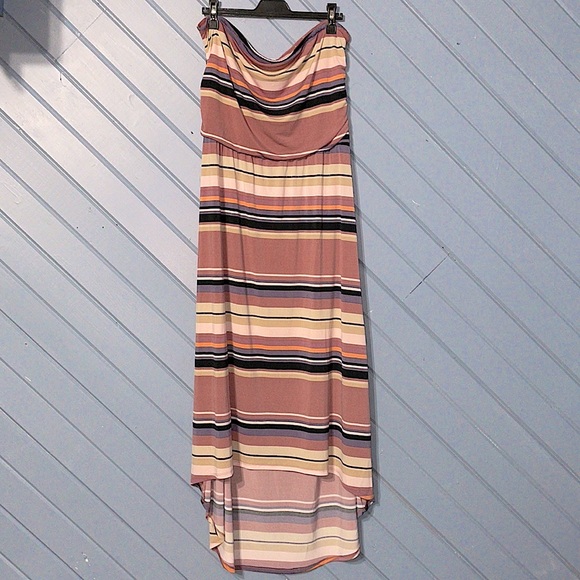 Maurices striped salmon striped strapless high-low slinky midi dress - Picture 1 of 7